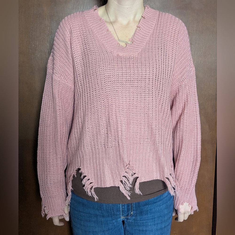 De Rotchild Pink Distressed V-Neck Knit Sweater Womens 2X